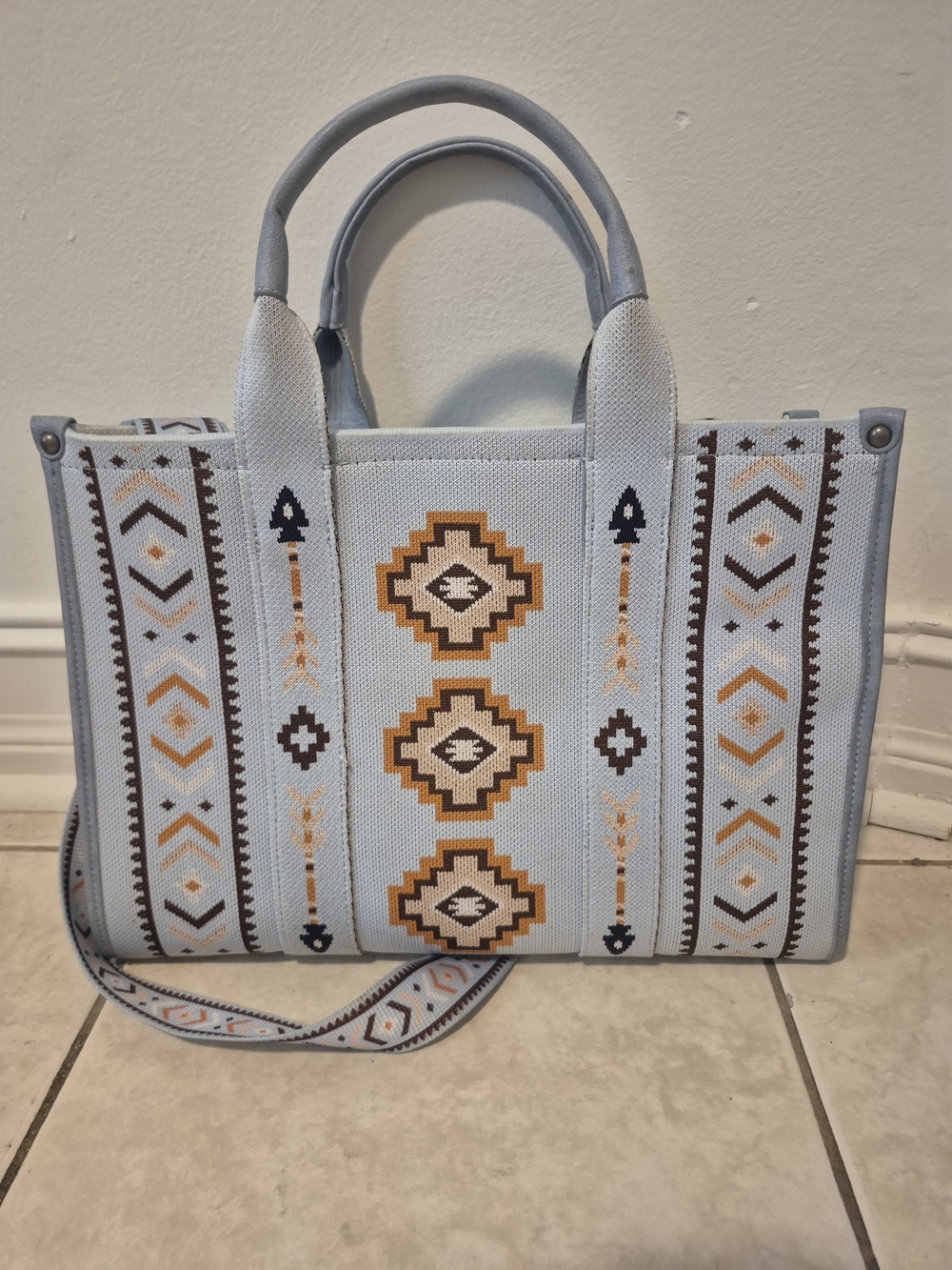 Montana West Light Blue Southwestern Pattern Tote with Tan & Brown Accents